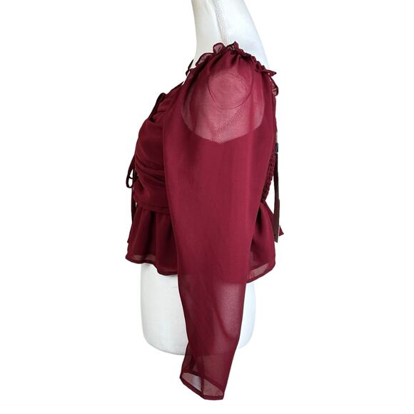 Vigoss Ruffle Chiffon Top Size Large Cherry Red Peplum Rushing Smocked Sheer - Picture 4 of 12